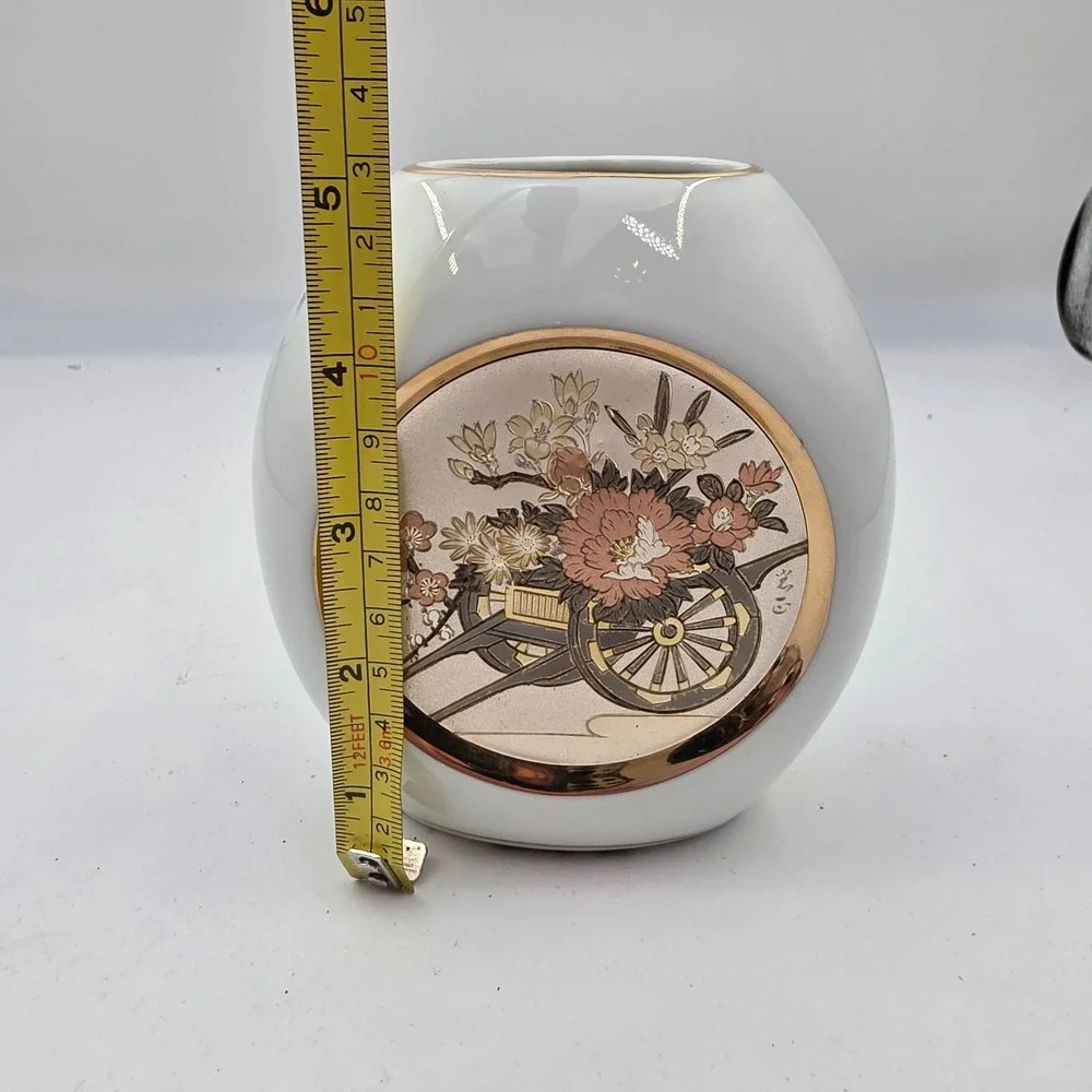 Art of Chokin Japanese Vase 24K Gold Silver Gilded Flower Cart Ceramic 5in N4
